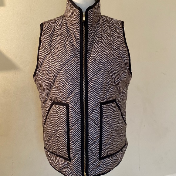 J Crew dark green/tan herringbone quilted vest w/black trim Sz S - Picture 3 of 14